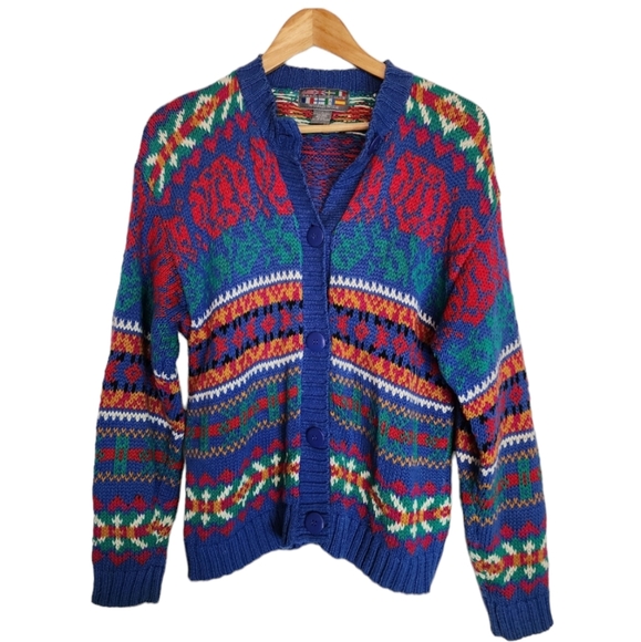 Vintage 80s bold print cardigan sweater - Picture 1 of 4